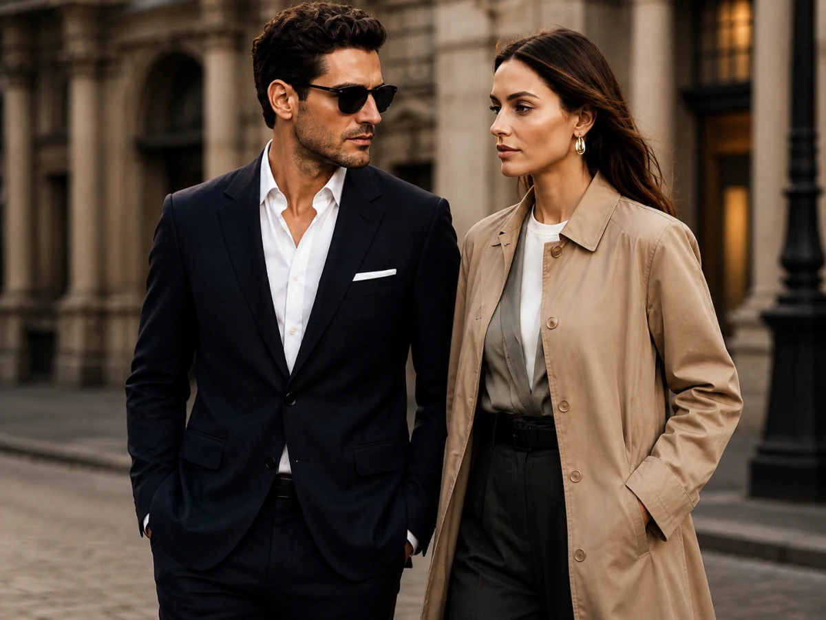 A stylish couple wearing tailored fashion on a city street