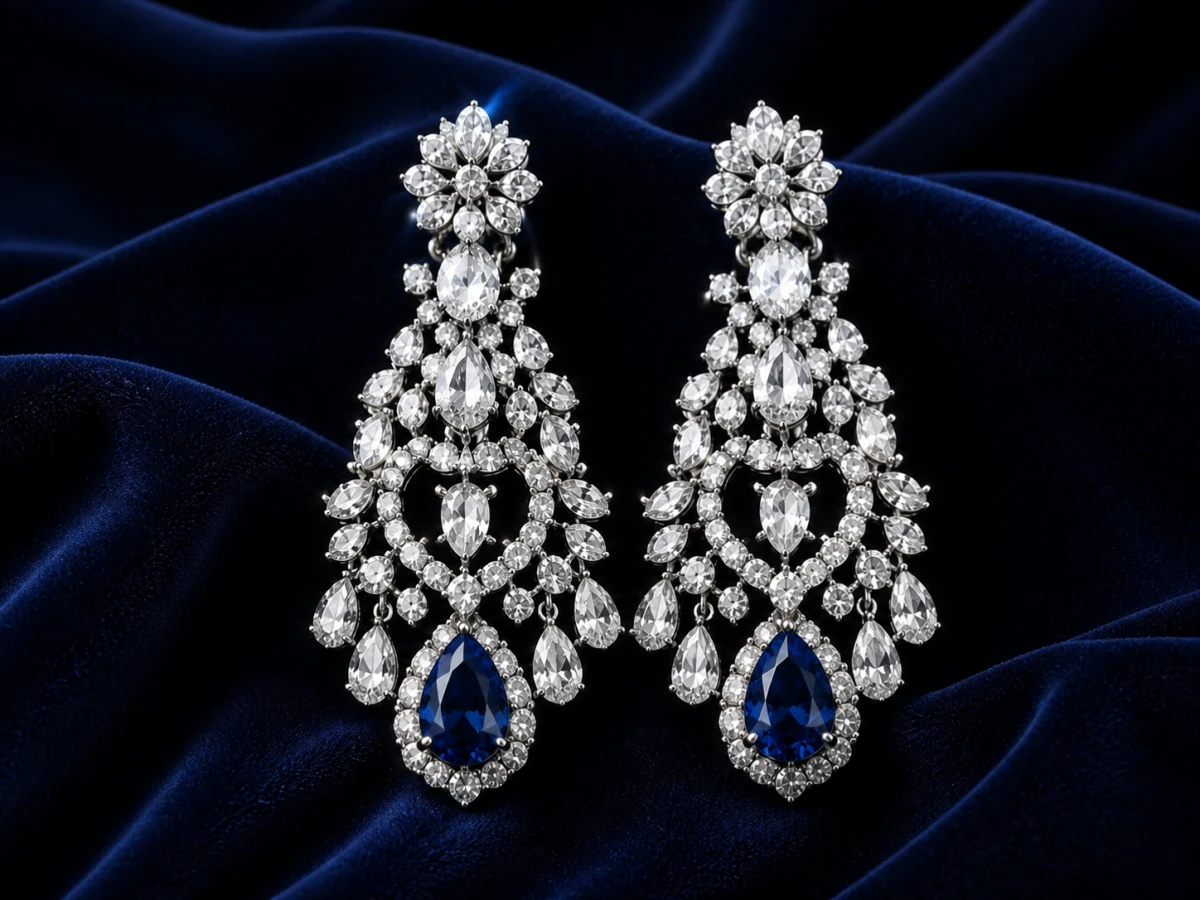 A pair of ornate sapphire chandelier earrings on navy velvet